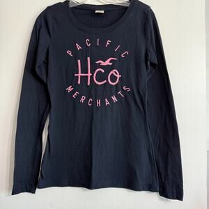 Hollister Women' Y2K T-Shirt Long Sleeve Size M Pacific HCO Merchants Logo Retro